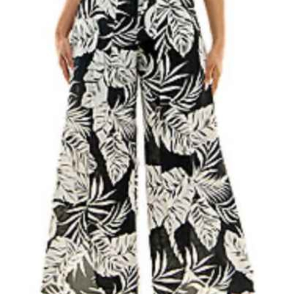 Black and White Tropical Print Wide Leg Pants